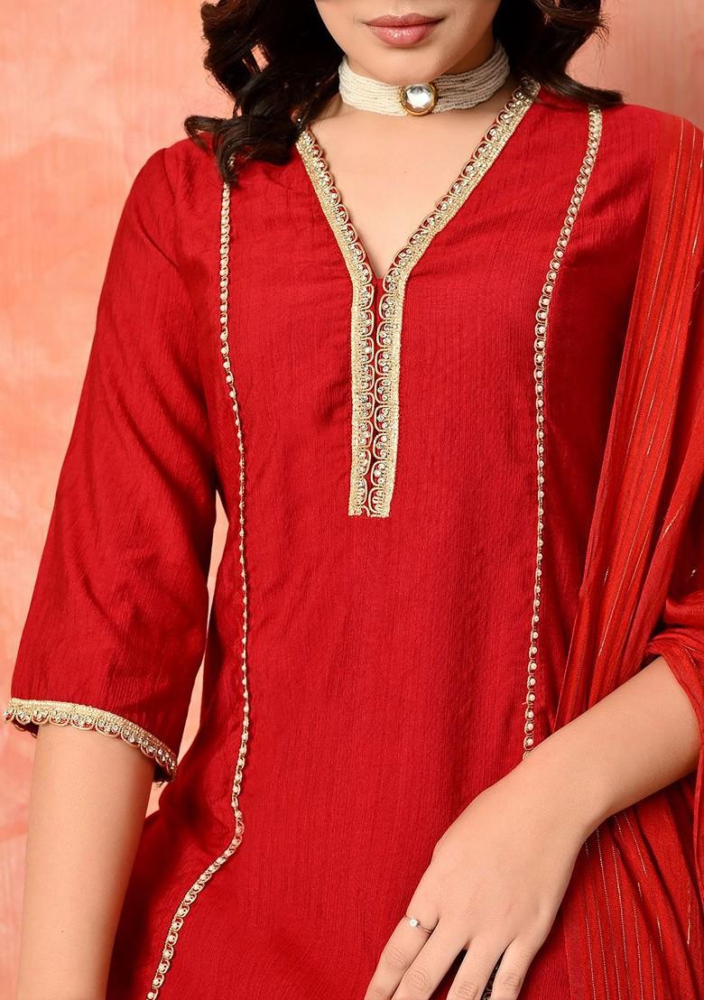 Red Embroidered Blended Kurta Set - Indya