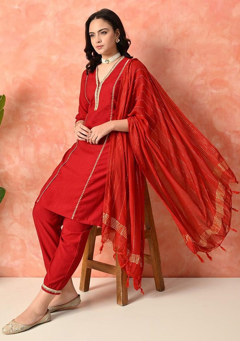 Red Embroidered Blended Kurta Set - Indya