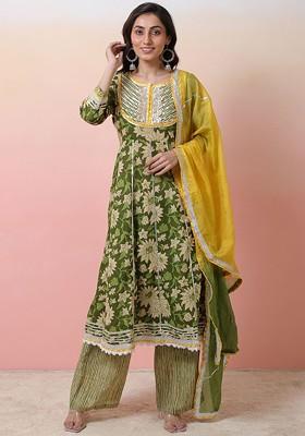 Green Printed Blended Kurta Set