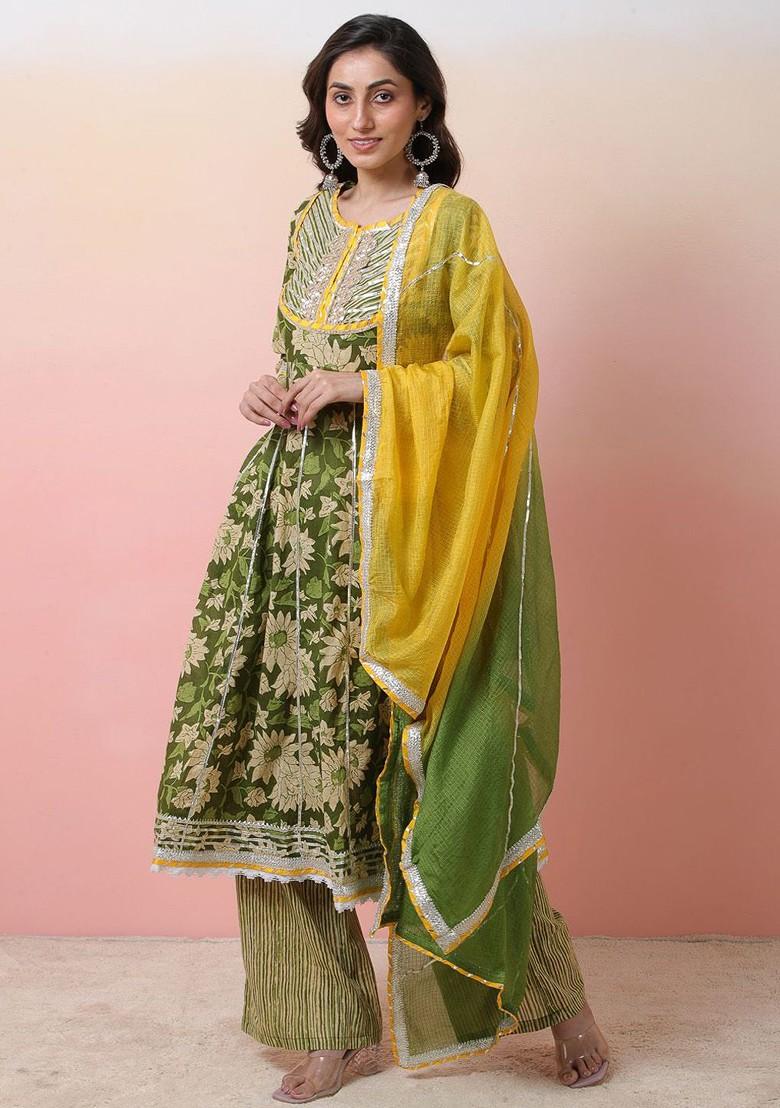 Green Printed Blended Kurta Set - Indya