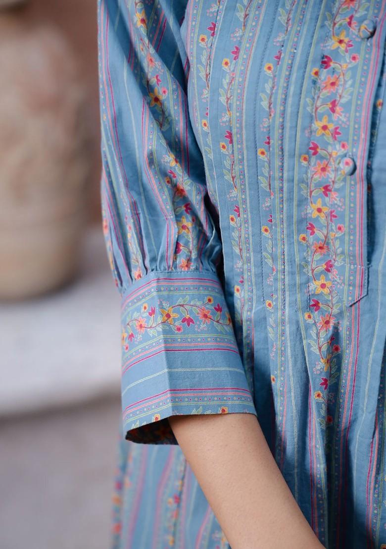 Teal Printed Blended Kurta Set - Indya