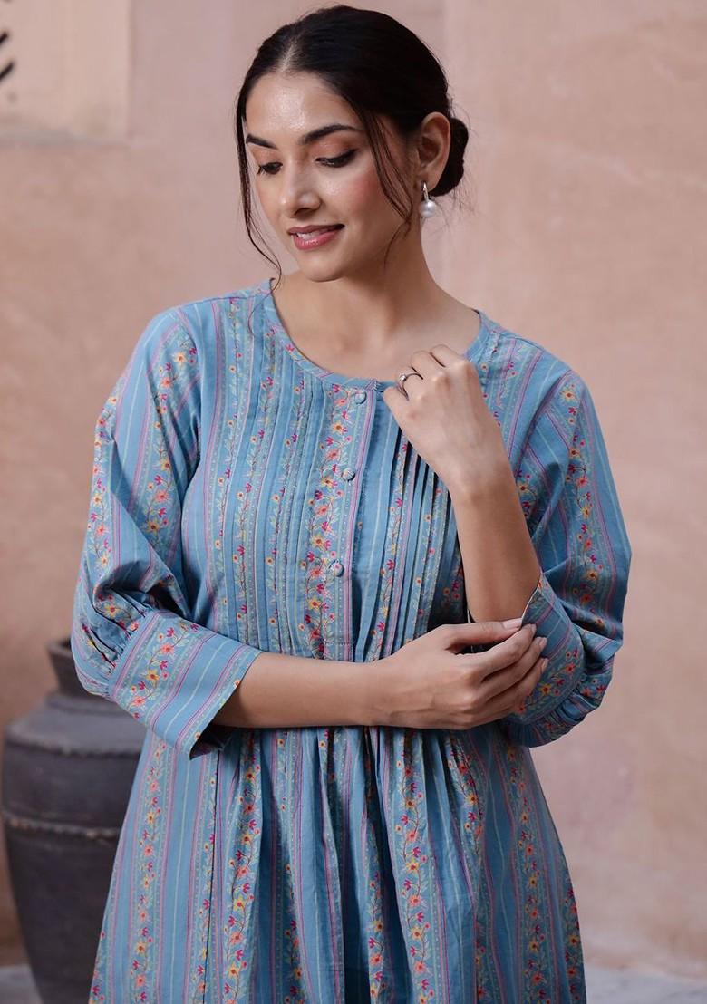 Teal Printed Blended Kurta Set - Indya
