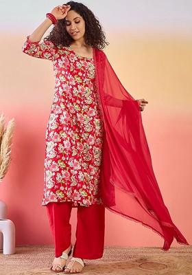 Red Printed Blended Kurta Set