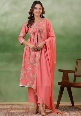Peach Printed Blended Kurta Set