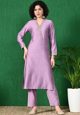 Mauve Embroidered Blended Kurta Set