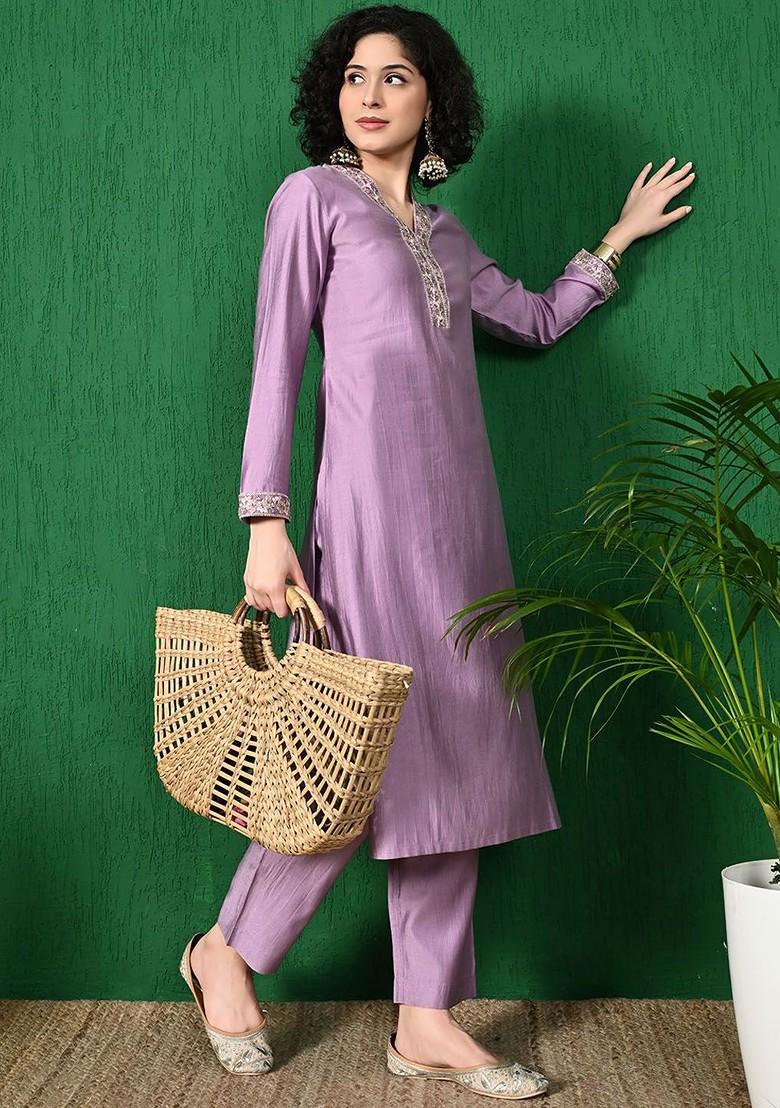 Mauve Embroidered Blended Kurta Set - Indya