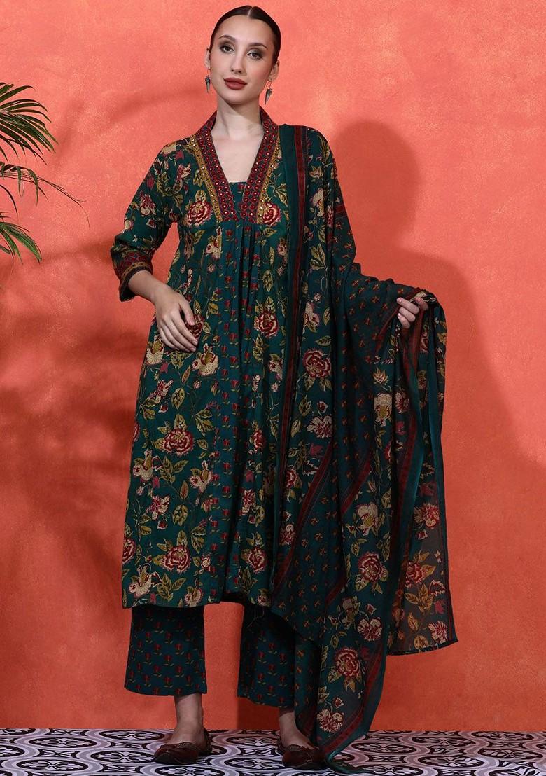 Green Embroidered Blended Kurta Set - Indya
