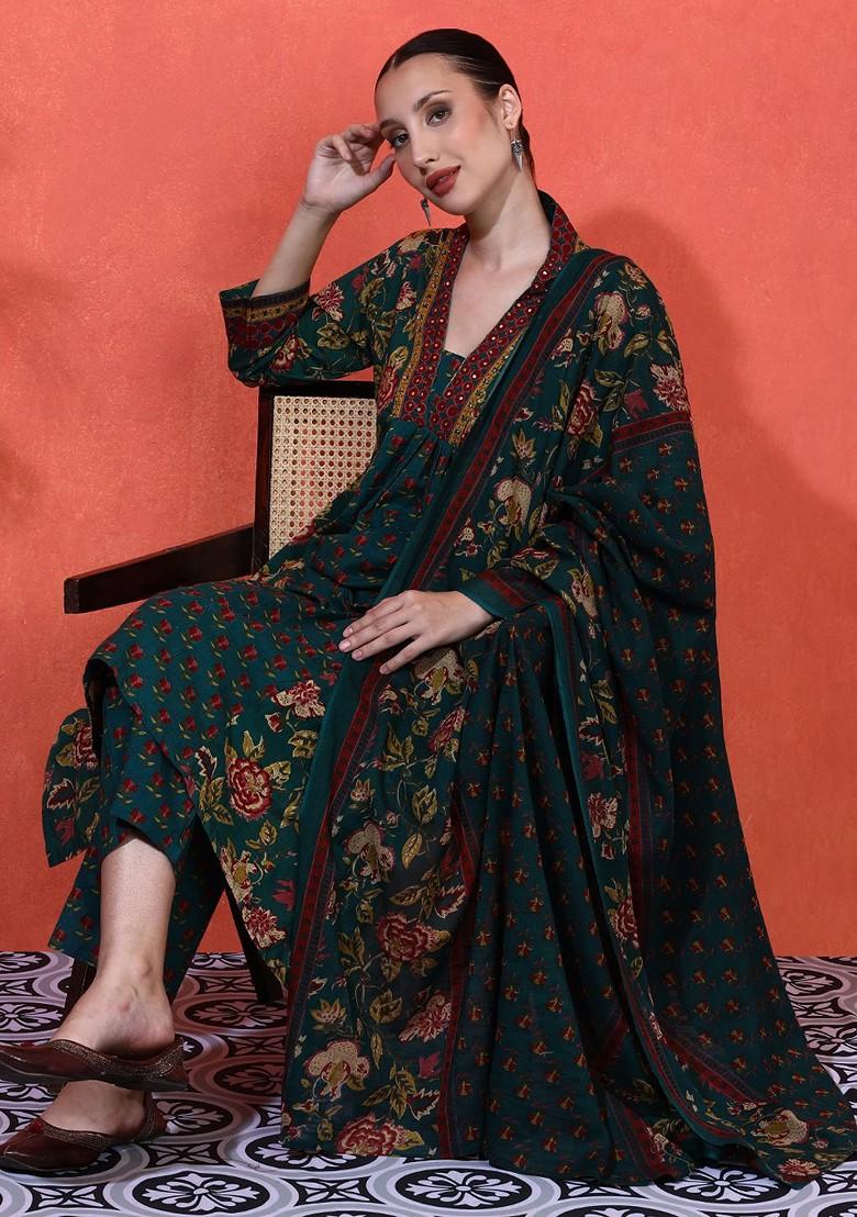 Green Embroidered Blended Kurta Set - Indya
