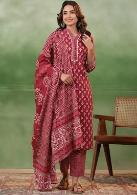 Maroon Printed Blended Kurta Set