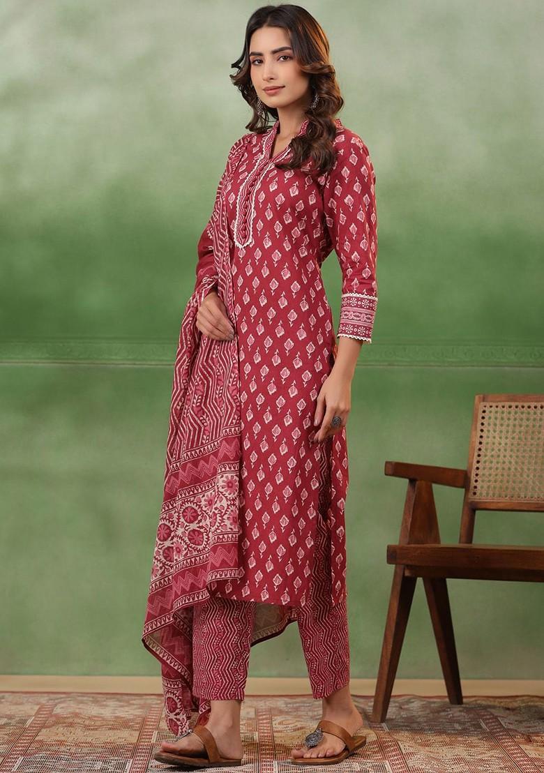 Maroon Printed Blended Kurta Set - Indya