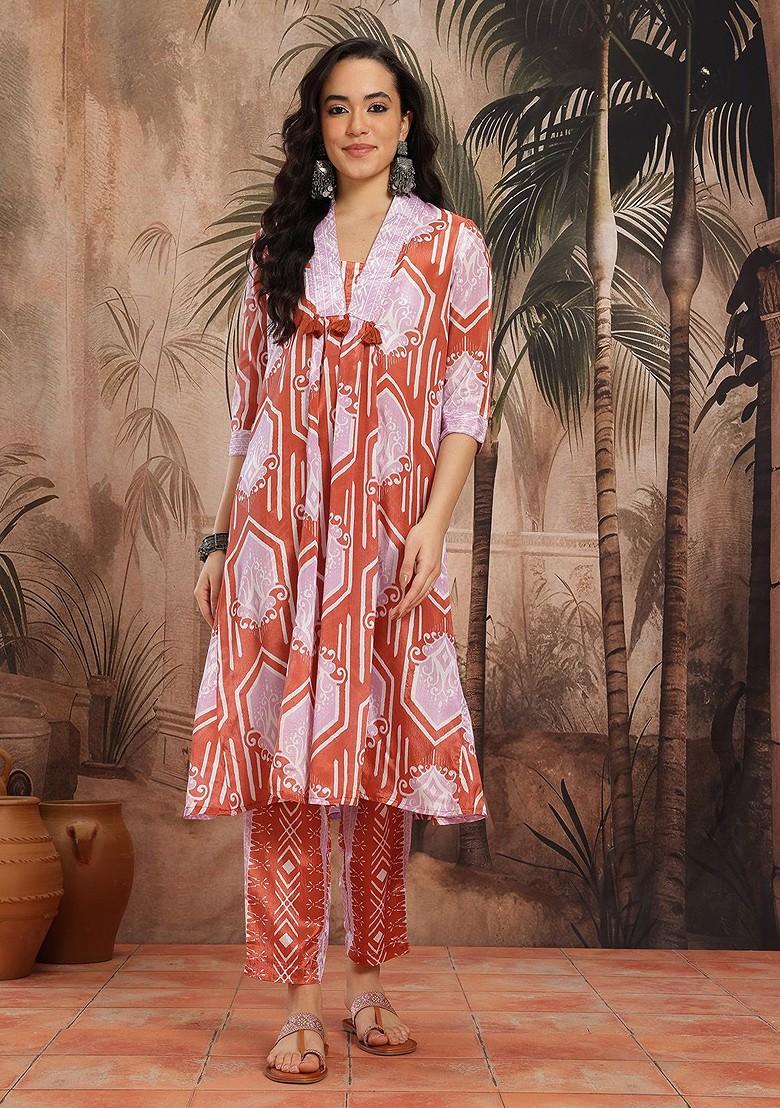 Lavender Printed Blended Kurta Set - Indya