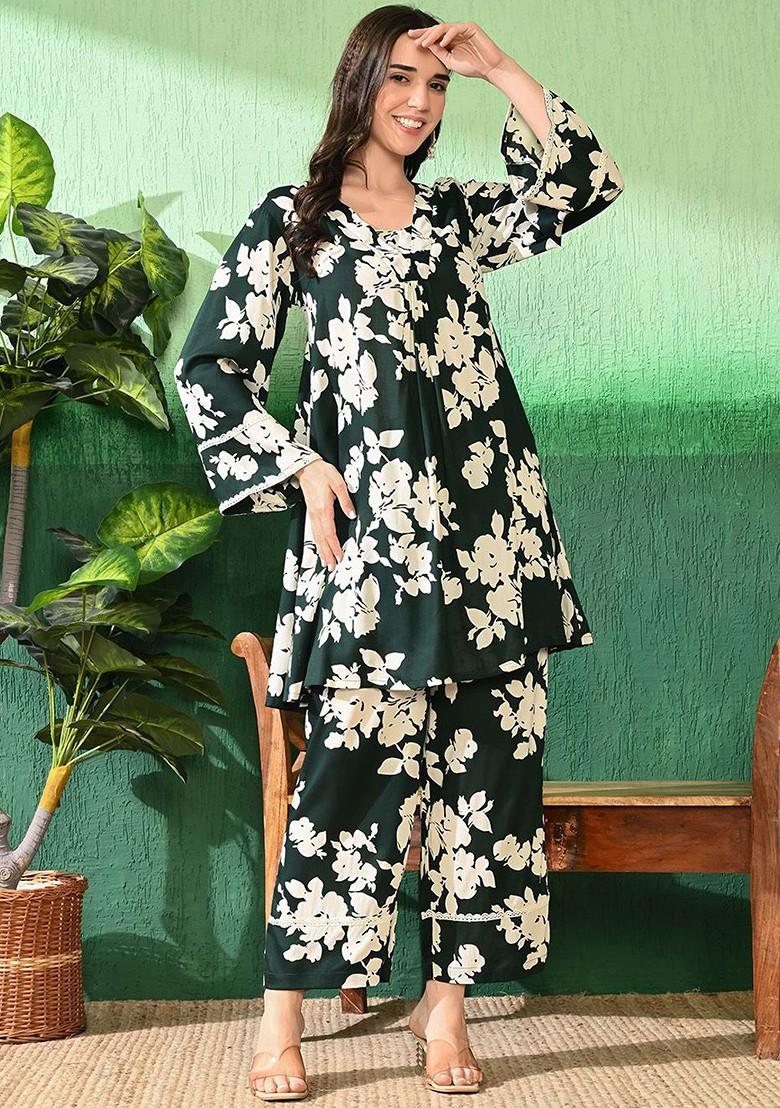 Green Printed Blended Kurta Set - Indya