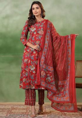 Maroon Printed Blended Kurta Set
