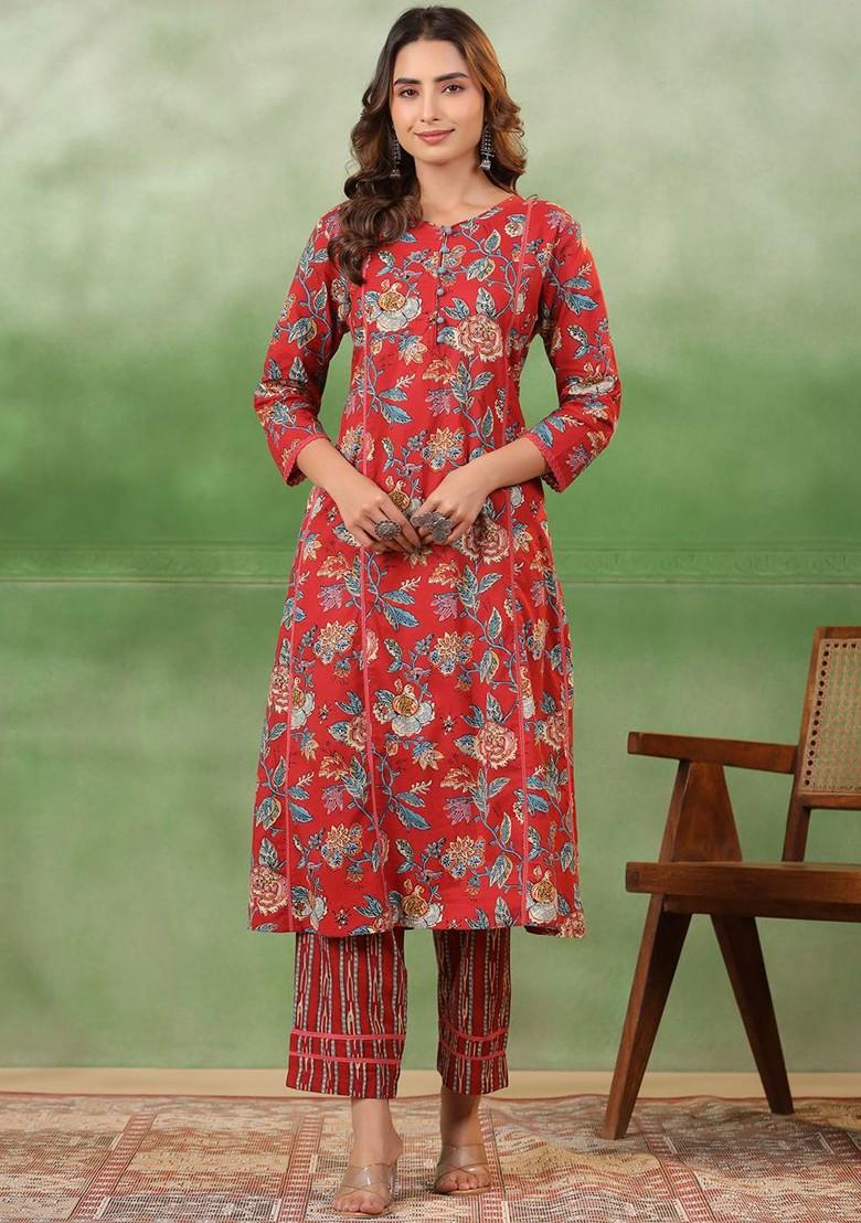 Maroon Printed Blended Kurta Set - Indya