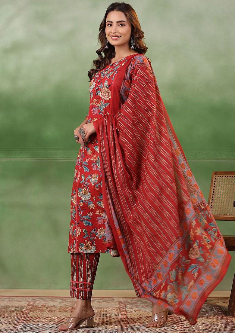 Maroon Printed Blended Kurta Set - Indya