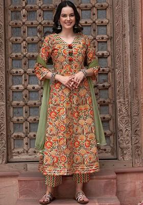 Olive Printed Blended Kurta Set
