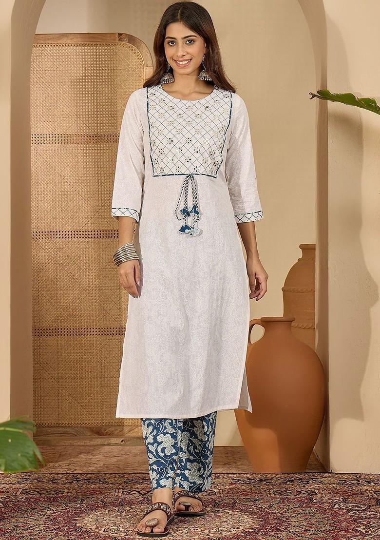 Off White Printed Blended Kurta Set - Indya