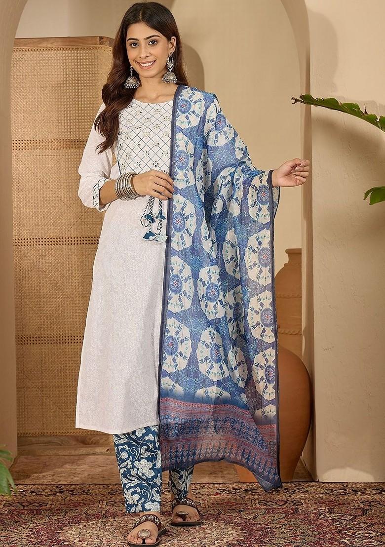 Off White Printed Blended Kurta Set - Indya