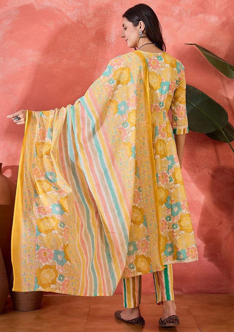 Mustard Printed Blended Kurta Set - Indya