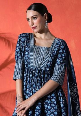 Navy Blue Printed Blended Kurta Set