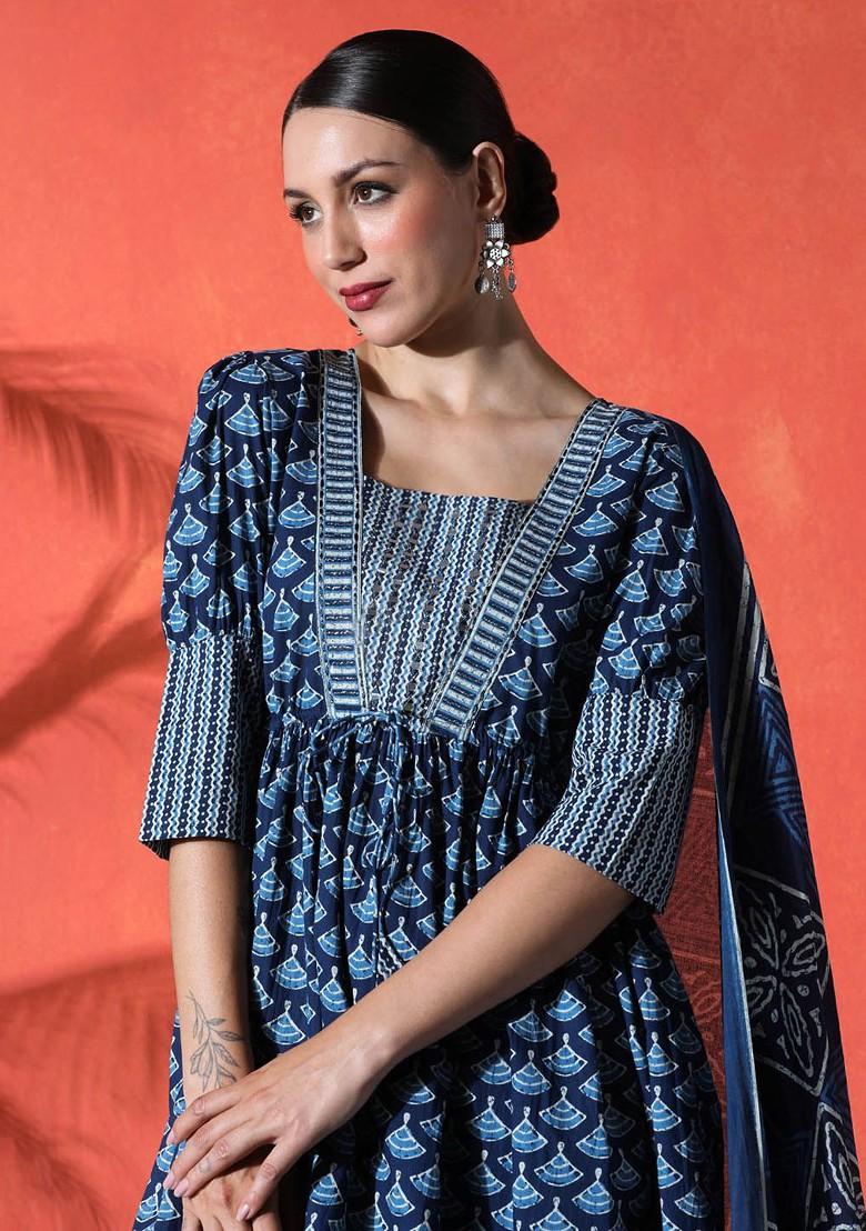Navy Blue Printed Blended Kurta Set - Indya