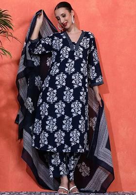 Navy Blue Embroidered Blended Kurta Set