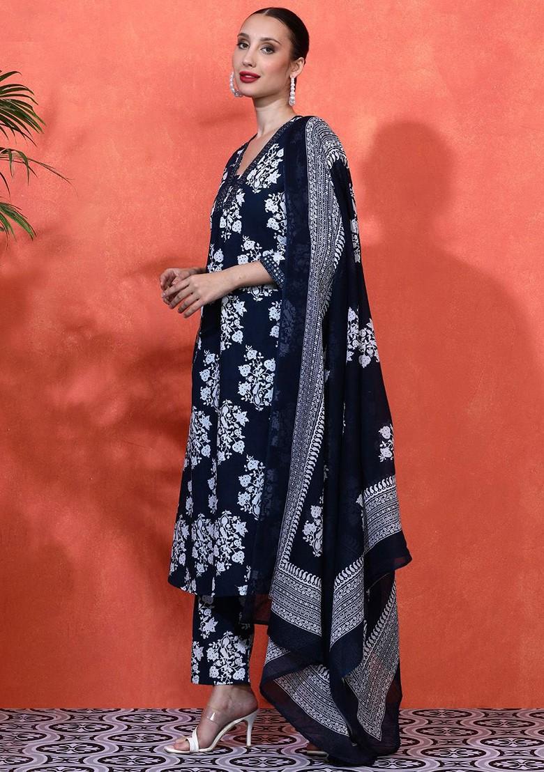 Navy Blue Embroidered Blended Kurta Set - Indya