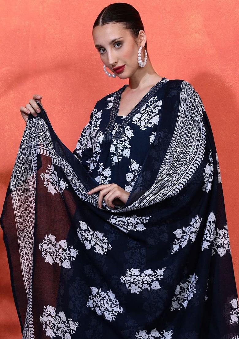Navy Blue Embroidered Blended Kurta Set - Indya