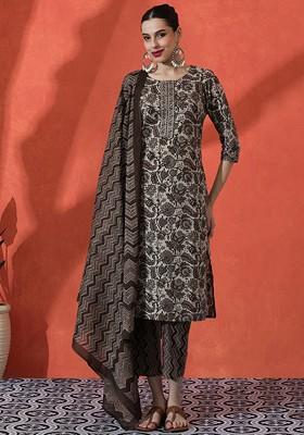 Brown Embroidered Blended Kurta Set