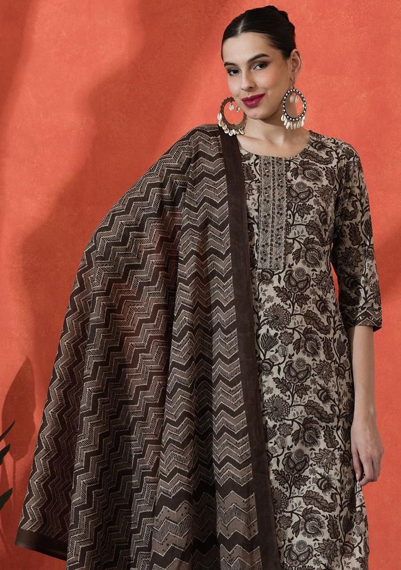 Brown Embroidered Blended Kurta Set - Indya