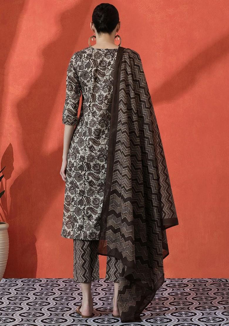 Brown Embroidered Blended Kurta Set - Indya