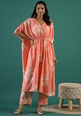 Peach Printed Blended Kurta Set