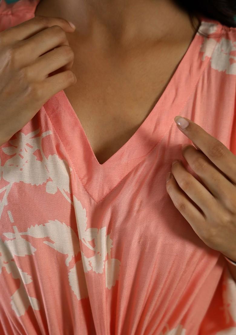 Peach Printed Blended Kurta Set - Indya