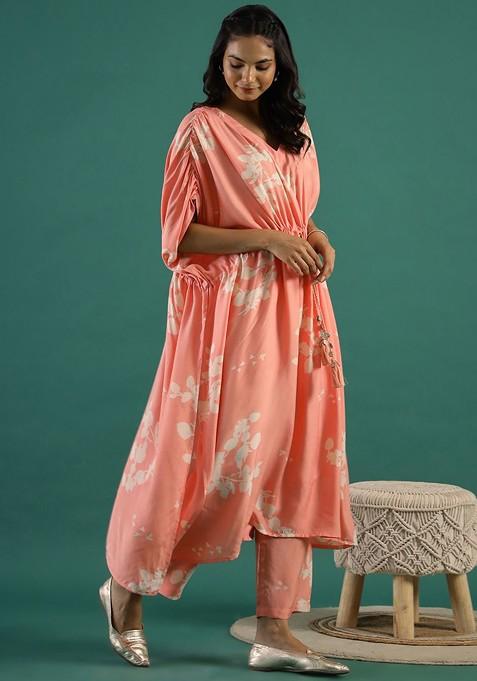 Peach Printed Blended Kurta Set