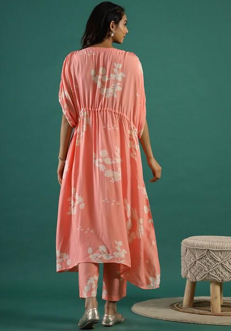 Peach Printed Blended Kurta Set