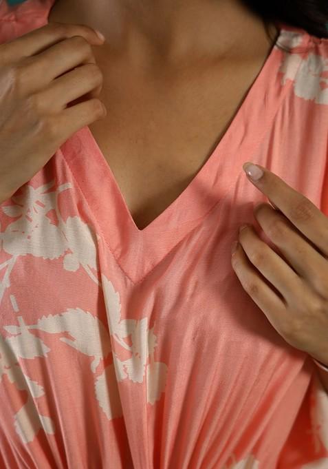 Peach Printed Blended Kurta Set