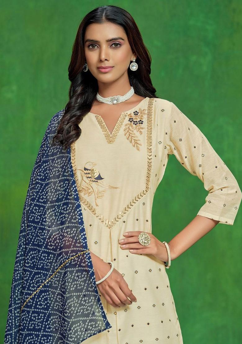 Beige Embroidered Blended Kurta Set - Indya