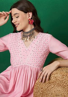 Pink Embroidered Blended Kurta Set