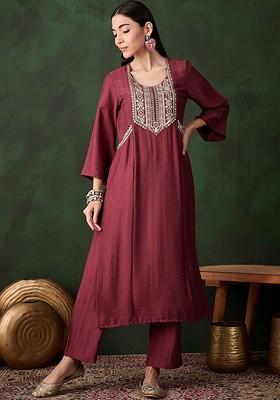 Rust Sequinned Blended Kurta Set