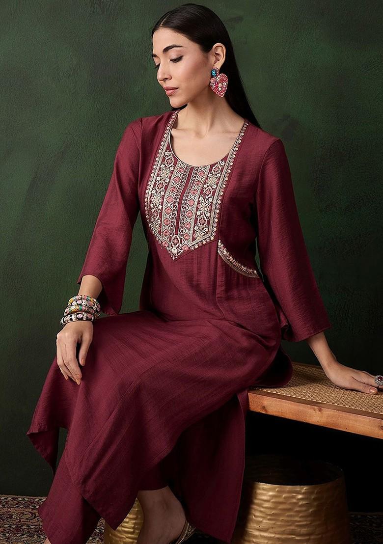 Rust Sequinned Blended Kurta Set - Indya