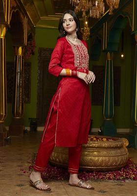 Red Yoke Design Blended Kurta Set