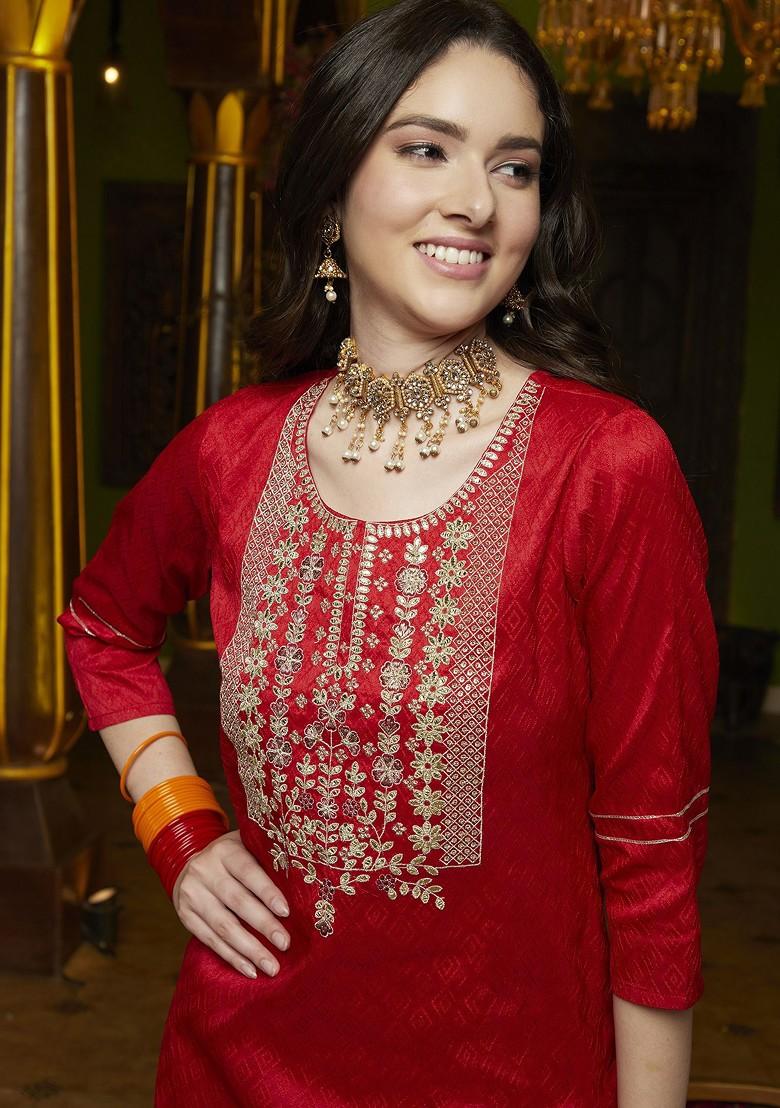 Red Yoke Design Blended Kurta Set - Indya