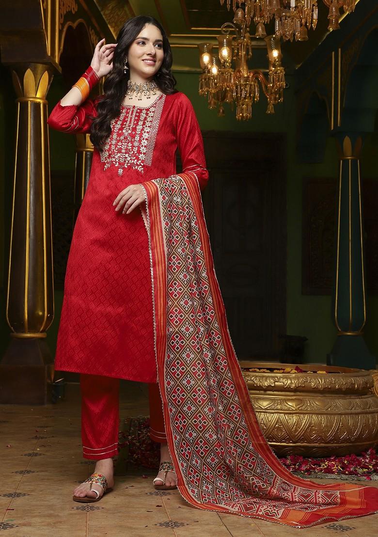 Red Yoke Design Blended Kurta Set - Indya