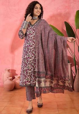 Maroon Printed Blended Kurta Set
