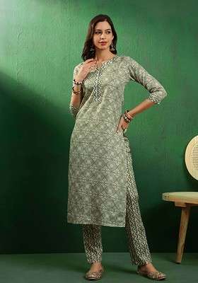 Green Printed Blended Kurta Set