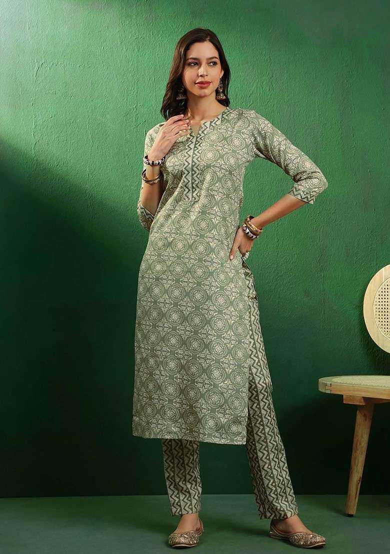 Green Printed Blended Kurta Set - Indya