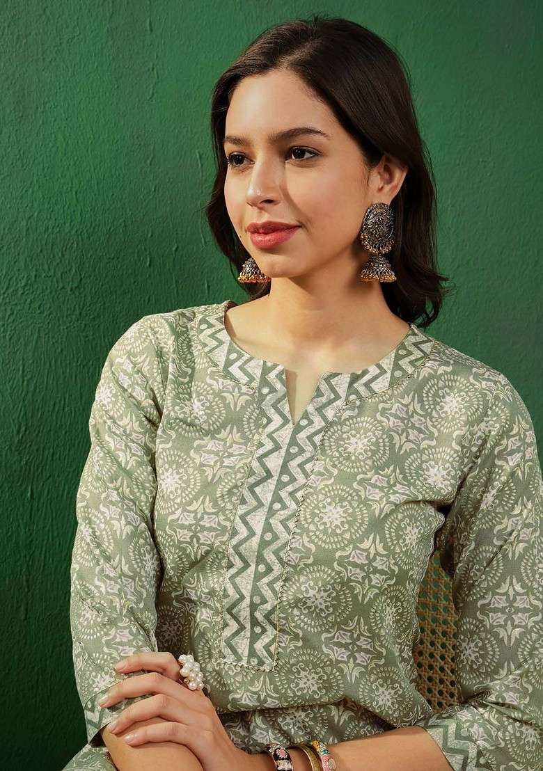 Green Printed Blended Kurta Set - Indya