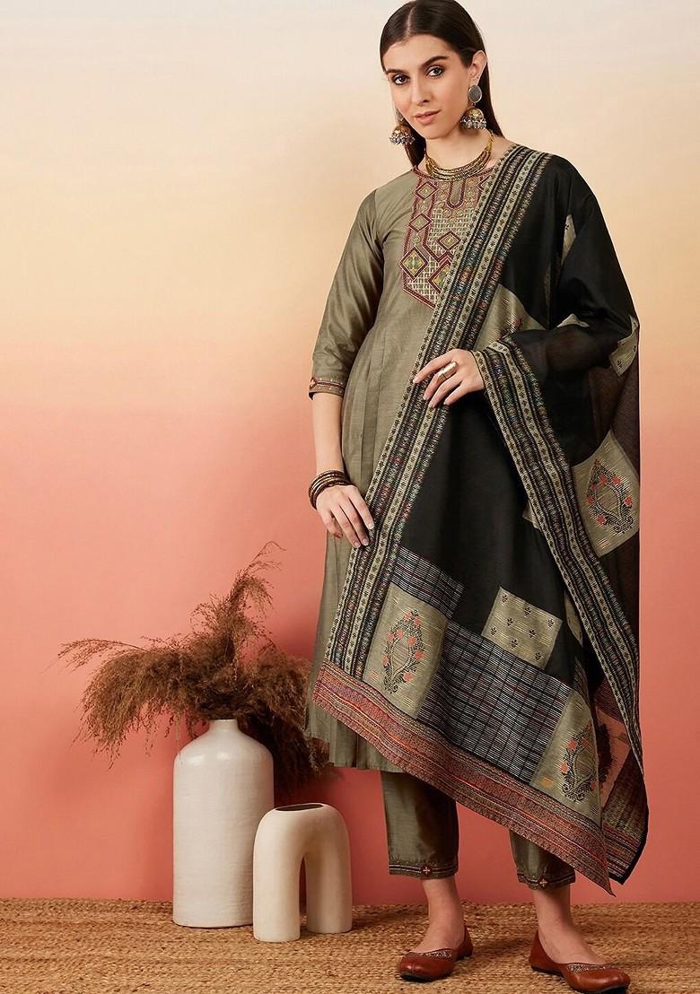 Grey Embroidered Blended Kurta Set - Indya