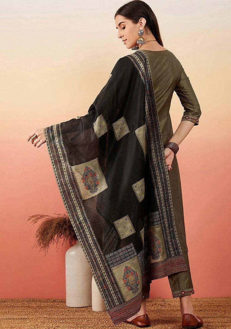 Grey Embroidered Blended Kurta Set - Indya