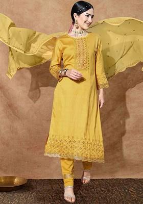 Mustard Embroidered Blended Kurta Set